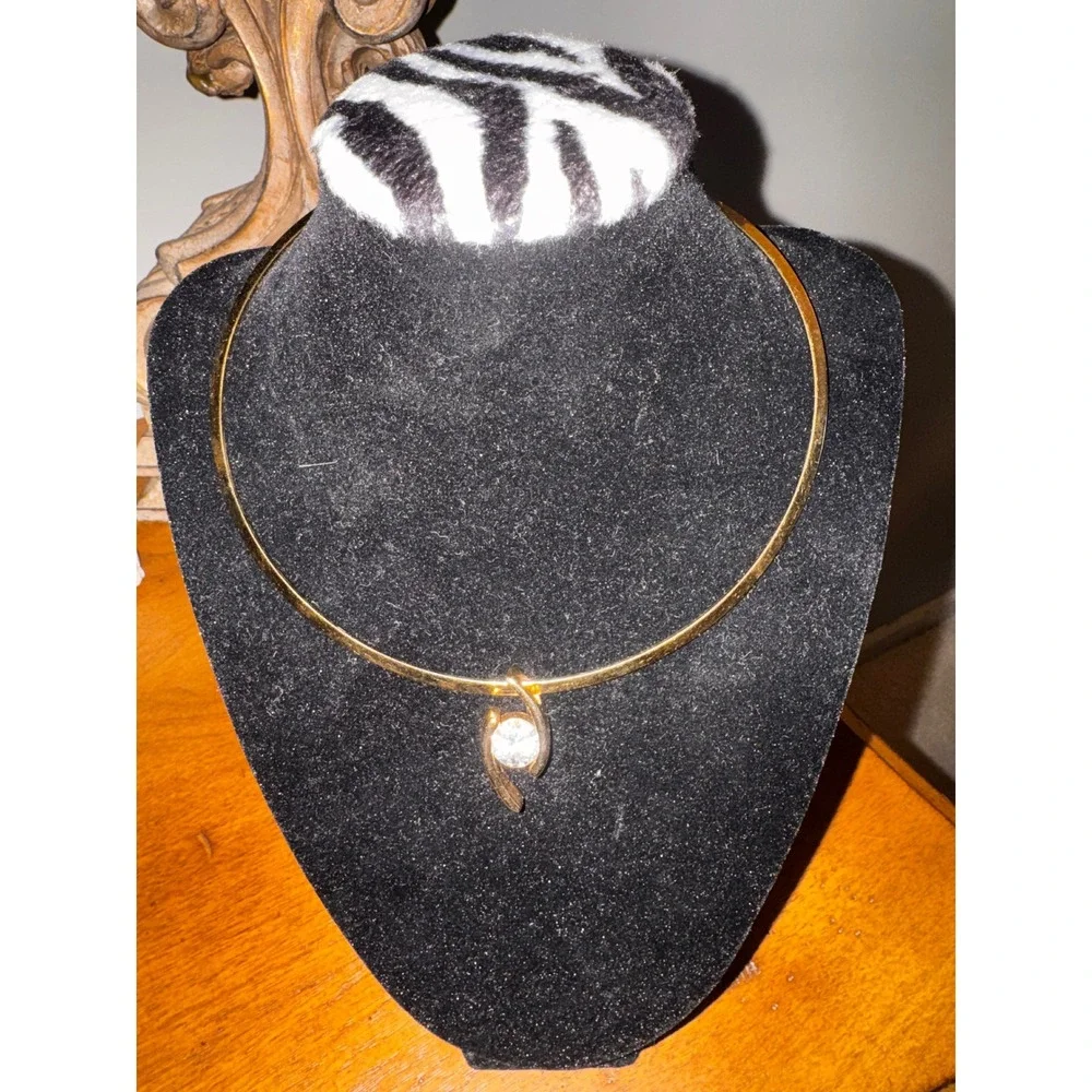 Gold Tone Torque Collar Choker Necklace with Swirl Crystal Slider‎ Pendant
